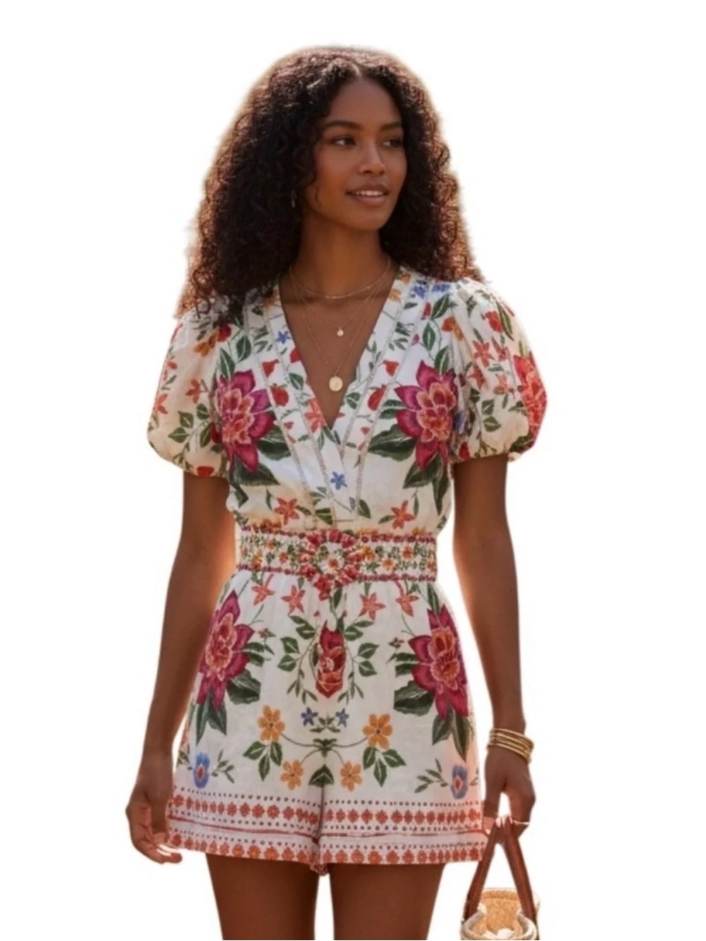 NWT Caroline Constas Floral V-Neck Puff Sleeve Floral Romper Size 2